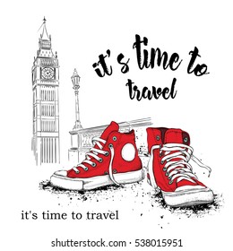 Hand drawn sneakers on background. Run Concept. London, Big Ben. Vector illustration