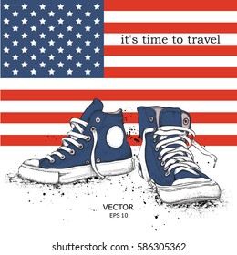 Hand drawn sneakers on background. Print of USA flag. hand drawn vector illustration