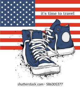 Hand drawn sneakers on background. Print of USA flag. hand drawn vector illustration