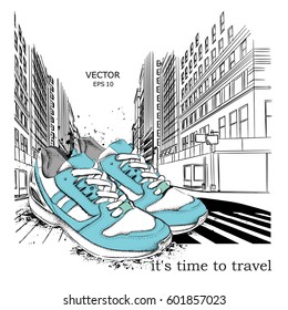 Hand drawn sneakers on background. Run Concept. New York hand drawn vector illustration