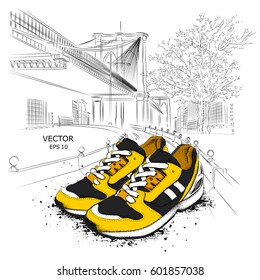 Hand drawn sneakers on background. Run Concept. New York hand drawn vector illustration