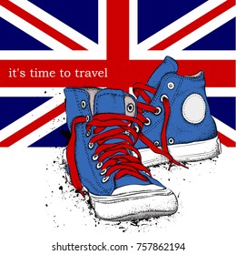 Hand drawn sneakers on background. Print of United Kingdom
flag. Hand drawn vector illustration