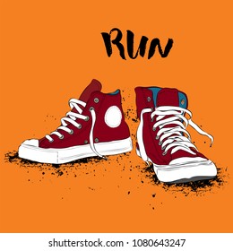 Hand drawn sneakers on white background. Run Concept. Vector illustration