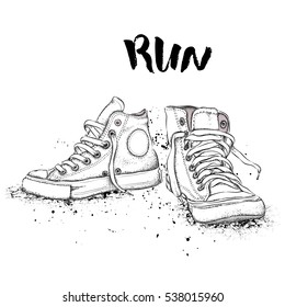 Hand drawn sneakers on white background. Run Concept. Vector illustration