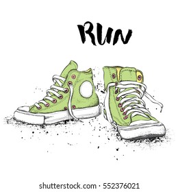 Hand drawn sneakers on white background. Run Concept. Vector illustration