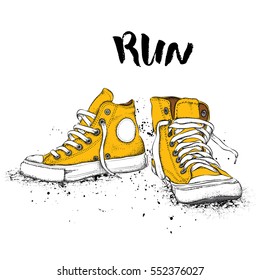 Hand drawn sneakers on white background. Run Concept. Vector illustration