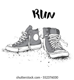 Hand drawn sneakers on white background. Run Concept. Vector illustration