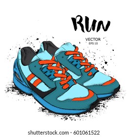 Hand drawn sneakers on white background. Run Concept. Vector illustration