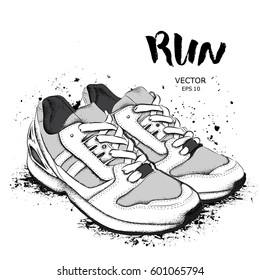 Hand drawn sneakers on white background. Run Concept. Vector illustration