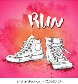 Hand drawn sneakers on white background. Run Concept. Vector illustration