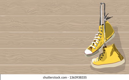 Hand drawn sneakers on wood background. Vintage Concept. Vector illustration 