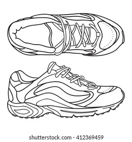 Hand drawn sneakers, running shoes. Doodle vector illustration.