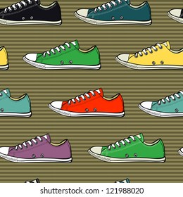 Hand drawn sneakers seamless pattern on the striped background. Vector illustration.