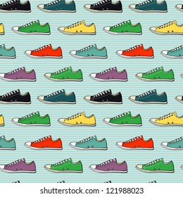 Hand drawn sneakers seamless pattern on the striped background. Vector illustration.