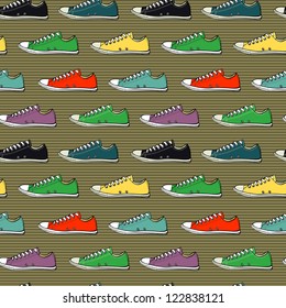 Hand drawn sneakers seamless pattern on the striped background. Vector illustration.