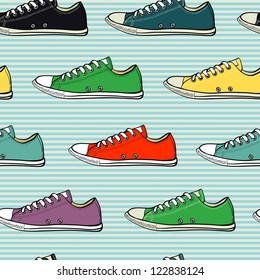 Hand drawn sneakers seamless pattern on the striped background. Vector illustration.