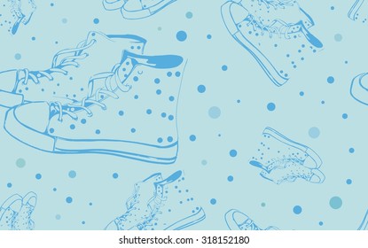 Hand drawn sneakers seamless pattern on the blue background. Keds vector illustration.