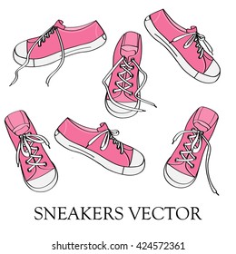 Hand drawn sneakers set. Sneakers in different position, with knotted and untied shoelaces. Pink color