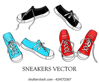 Hand drawn sneakers set. Sneakers in different position, with knotted and untied shoelaces. Red, blue, and black color color