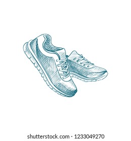 Hand Drawn Sneakers Sketch Symbol isolated on white background. Vector Sport shoes In Trendy Style. Accessories and sport equipment hand drawing sketches elements