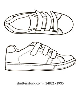 Hand drawn sneakers with velcros, running shoes. Doodle vector illustration.