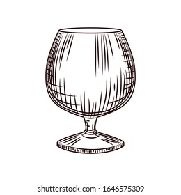Hand drawn snifter glass. Glass of brandy or cognac sketch isolated on white background. Engraving style. For menu, cards, posters, prints, packaging. Vector illustration