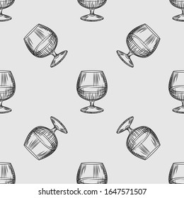 Hand drawn snifter glass seamless pattern. Glass of brandy or cognac wallpaper. Engraving vintage style backdrop. Design for wrapping paper, textile print. Vector illustration