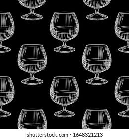 Hand drawn snifter glass seamless pattern. Glass of brandy or cognac on black background. Engraving vintage style backdrop. Design for wrapping paper, textile print. Vector illustration