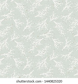 Hand drawn snow Christmas foliage pattern. Tossed fir tree branch, leaves, white berries background. Winter holiday all over print. Festive gift wrapping paper illustration. Seamless vector swatch