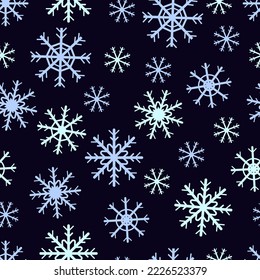 Hand drawn snow flake seamless pattern on black background. Winter wallpaper