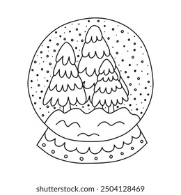 Hand drawn snow globe with Christmas tree vector coloring page