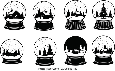 Coleção de globo de neve desenhada à mão com paisagens de inverno em preto e branco