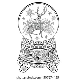 Hand drawn Snow Globe with Deer, snowflakes and stars. Vector illustration in zentangle style. Sketch for adult anti stress coloring pages, tattoo, New Year posters and greeting cards