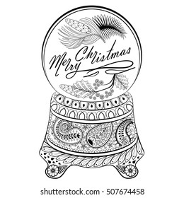 Hand drawn Snow Globe Merry Christmas. Vector illustration in zentangle style. Sketch for adult anti stress coloring pages, tattoo, New Year posters and greeting cards