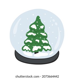 Hand drawn snowball with Christmas tree. Snow globe. Vector doodle sketch illustration isolated on white background.