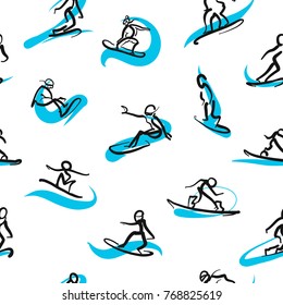 Hand drawn snowboarder icons, seamless pattern. Vector art sketch of freestyle movements.