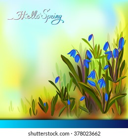 Hand drawn snowdrop squill flowers. Spring horizontal border realistic blue squill flowers and calligraphy hello spring. Watercolor style background. Vector stock illustration