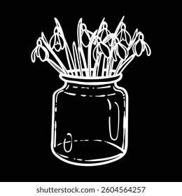 Hand drawn snowdrops bouquet in a jar like vase. White line art of beautiful winter flowers isolated on a black background. Illustration for online and print projects.