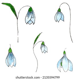 Gotas de nieve dibujadas a mano. Conjunto de diferentes gotas de nieve. Acuarela y revestimiento. Arte de un clip de flores de primavera. 
