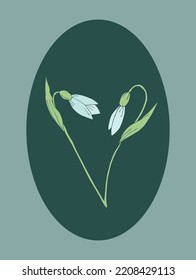 Ilustración vectorial con gotas de nieve dibujadas a mano. Flores de primavera en marco oval