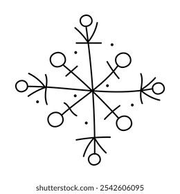 Hand drawn snowflake with circles. Vector black and white clipart illustration.