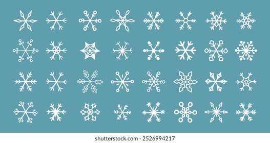 Hand drawn snowflake doodle vector icon collection, winter snow symbol. White snowflakes on a blue background. Vector illustration