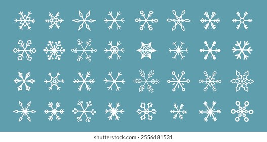 Hand drawn snowflake doodle vector icon collection, winter snow symbol. White snowflakes on a blue background. Vector illustration