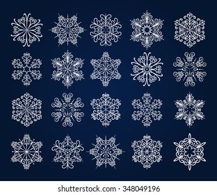 Hand drawn snowflake icons set. Various shape white snowflakes isolated on blue.