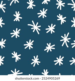 Hand drawn snowflake seamless pattern. Winter season background. Simple Christmas backdrop. Snow on blue background. 