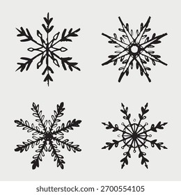 Hand drawn snowflake set. Vector sketch illustration in vintage crayon charcoal style. Snowflakes with geometric, delicate, and decorative patterns for winter and holiday design. Christmas art