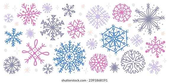 Dibujo a mano de copo de nieve esquemático doodle gráfico de diseño de vacaciones de invierno de invierno conjunto ilustración vectorial. Dibujo de patrón floral geométrico de copos de cristal de nieve simple congelado para Navidad, decoración de Año Nuevo