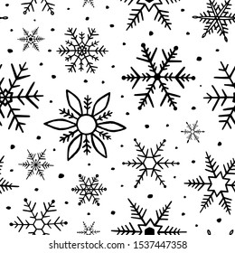 Hand drawn snowflakes doodle seamless pattern. Winter background black white design. Sketch snowflake simple. Falling snowflakes. Beautiful winter texture.  Abstract snow backdrop. Vector illustration