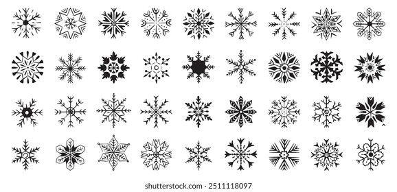 Hand drawn snowflakes. Isolated snowflake doodle style, winter season weather elements of precipitation. Decorative christmas neoteric vector set