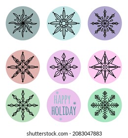 Paquetes de nieve dibujados a mano, estilo doodle. Los copos de nieve son dibujados con una línea negra de la fantasía de los niños, en círculos de colores. Ilustración vectorial para el diseño de fondos festivos.
